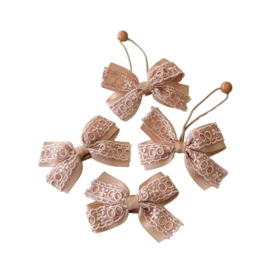 Tan lace bow hair accessories set for girls UAE with elastic ponytail holder and non slip tic tac clips