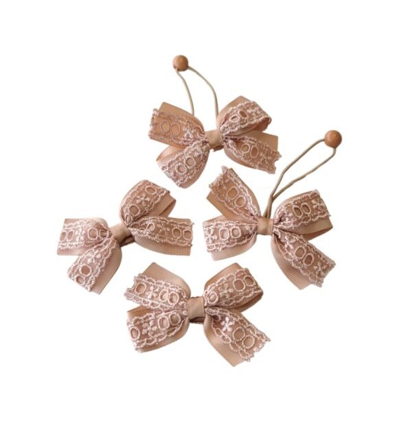 Tan Color Lace Bow Hair Accessories Set for Girls UAE Tan lace bow hair accessories set for girls UAE with elastic ponytail holder and non slip tic tac clips