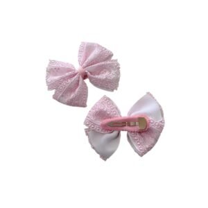 White School Hair Accessories Hair Tie and Hair Clips 4 Pcs Set For Girls UAE | Handmade Pink Lace Bow Set - Image 4