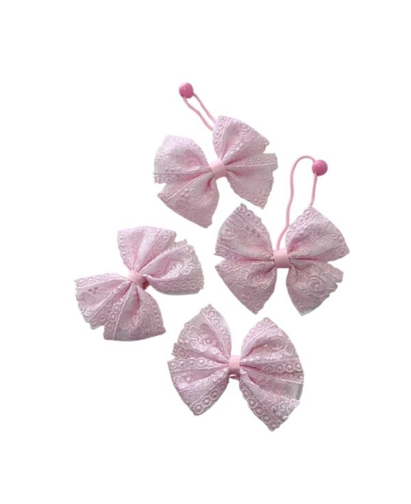 White School Hair Accessories Hair Tie and Hair Clips 4 Pcs Set For Girls UAE Handmade Pink Lace Bows White school hair accessories hair tie and hair clips set for girls UAE