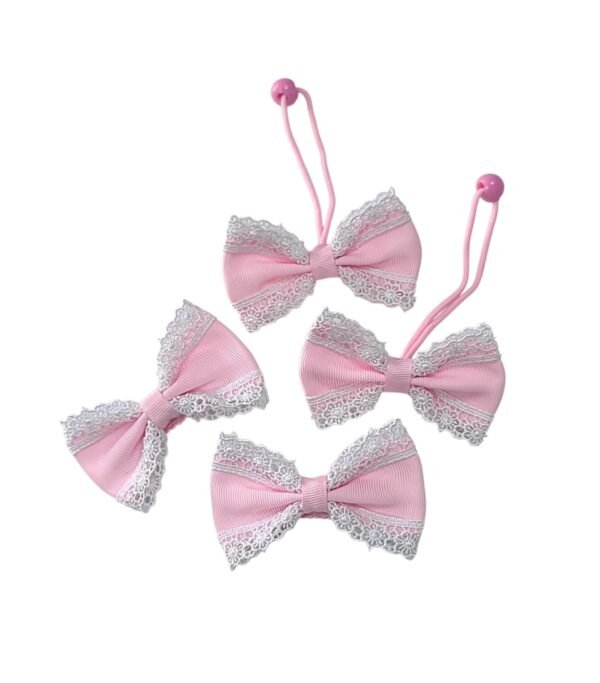 Pink Ribbon Hair Tie and Tic-Tac Clips Set for Girls with Lace Handmade pink lace hair accessories set for school girls