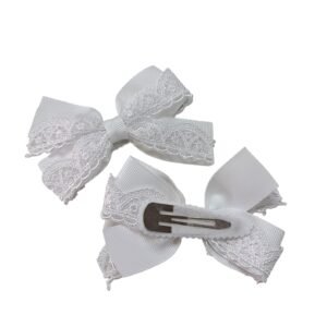 White Lace Hair Bow Tic-Tac Clips for School UAE | Elegant Girls Hair Accessories Set of 2 - Image 2