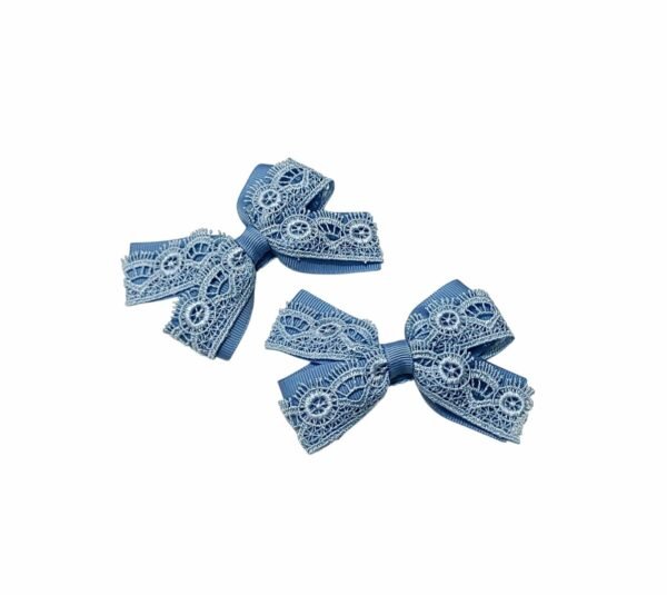 French Blue school hair clips with lace ribbon bows
